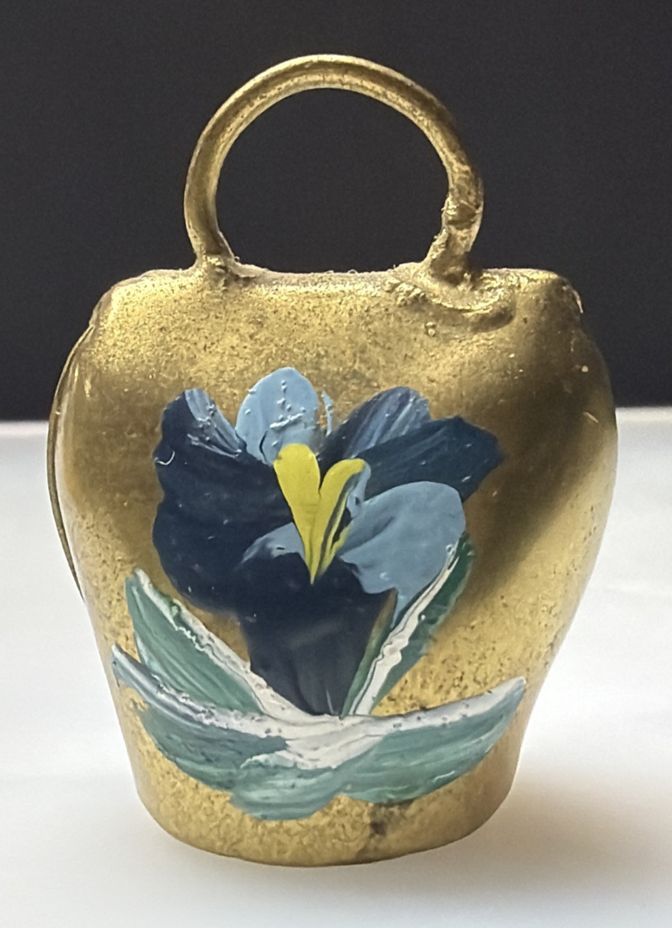 Vintage Gold Metal Brass Cow Bell Hand Painted Flower Blue Floral Liechtenstein